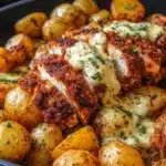 Delicious Garlic Parmesan Chicken Potatoes served on a plate with herbs