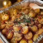 Plate of Garlic Parmesan Roasted Potatoes garnished with parsley