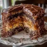 Delicious slice of German Chocolate Cake topped with coconut and pecans