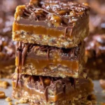 Delicious gooey caramel chocolate crunch bars with layers of rich chocolate and crunchy texture