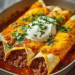 Delicious ground beef enchiladas topped with cheese and sauce