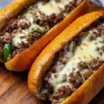 Delicious Ground Beef Philly Cheesesteaks served with cheese and peppers