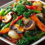 Colorful bowl of healthy sautéed vegetables including bell peppers and broccoli