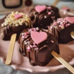Heart-shaped brownie cakesicles dipped in chocolate for Valentine's Day