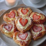 Heart-shaped cream puffs with strawberry filling on a decorative plate