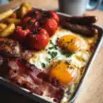 Delicious hearty traditional English breakfast with eggs, bacon, and sausages.