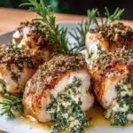 Herbed ricotta stuffed chicken rolls plated with fresh herbs