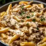 Delicious high protein creamy beef pasta served in a bowl