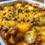 A delicious serving of hobo casserole with ground beef and vegetables