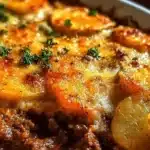 Hobo Casserole with ground beef and fresh vegetables in a baking dish