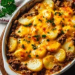 Delicious Hobo Casserole with Ground Beef served in a baking dish