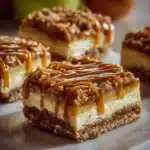 Delicious caramel apple cheesecake bars topped with caramel drizzle and apples