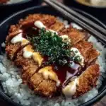 Japanese Katsu Bowls with crispy meat, rice, and savory sauce.