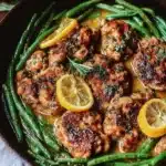 Lemon Garlic Butter Chicken served with green beans in a skillet