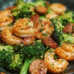 Low carb shrimp and broccoli meal prepared and served in a bowl