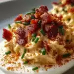 Delicious Million Dollar Bacon Deviled Eggs garnished with crispy bacon bits.