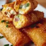 Mini jalapeno popper egg rolls, crispy and filled with spicy cream cheese and jalapenos.
