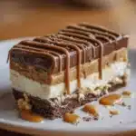 No-Bake Caramel Chocolate Cookie Cheesecake topped with caramel and chocolate