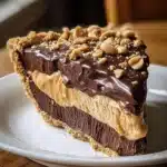 Delicious no-bake chocolate peanut butter pie topped with chocolate drizzle