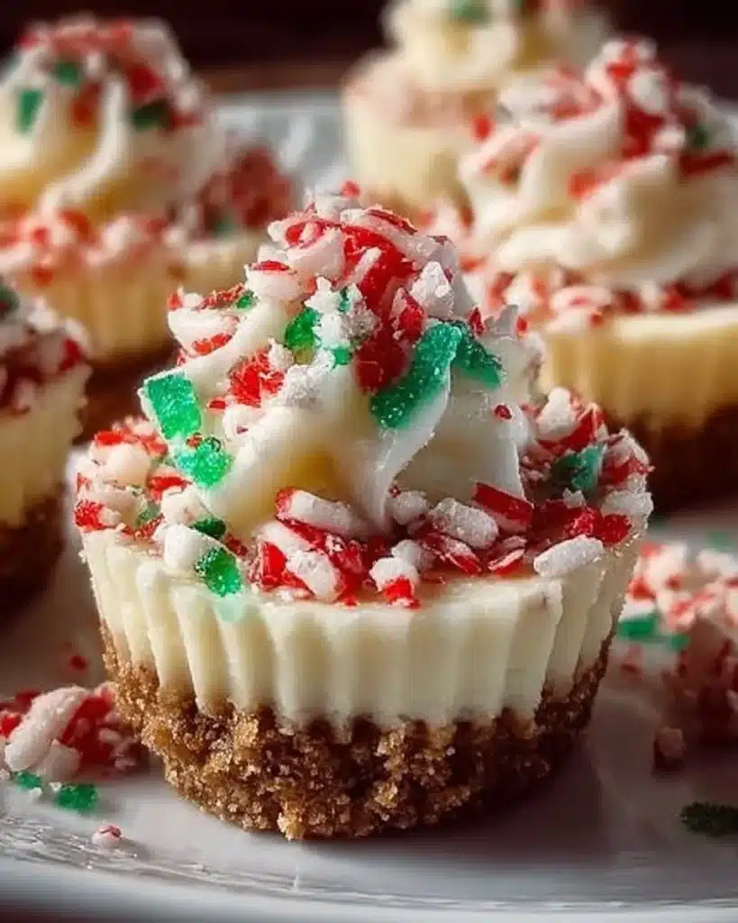 Delicious no-bake Christmas mini cheesecakes topped with festive decorations