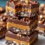 No-bake crispy caramel peanut chocolate bars ready to enjoy.