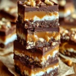 Delicious homemade no bake Snickers Bars featuring chocolate, caramel, and peanuts