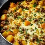 One-Pan Cheesy Meat and Potato Skillet dish cooked to perfection