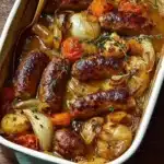 One-Pan Sausage and Vegetable Bake with colorful fresh veggies and sausages