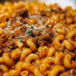 Delicious One Pot Beefaroni in a bowl topped with cheese and herbs