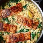 One Skillet Salmon served with Lemon Orzo for a quick weeknight meal.