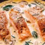 Pan seared salmon in creamy Parmesan sauce garnished with herbs