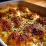 Baked Parmesan Chicken garnished with herbs and served hot on a plate.