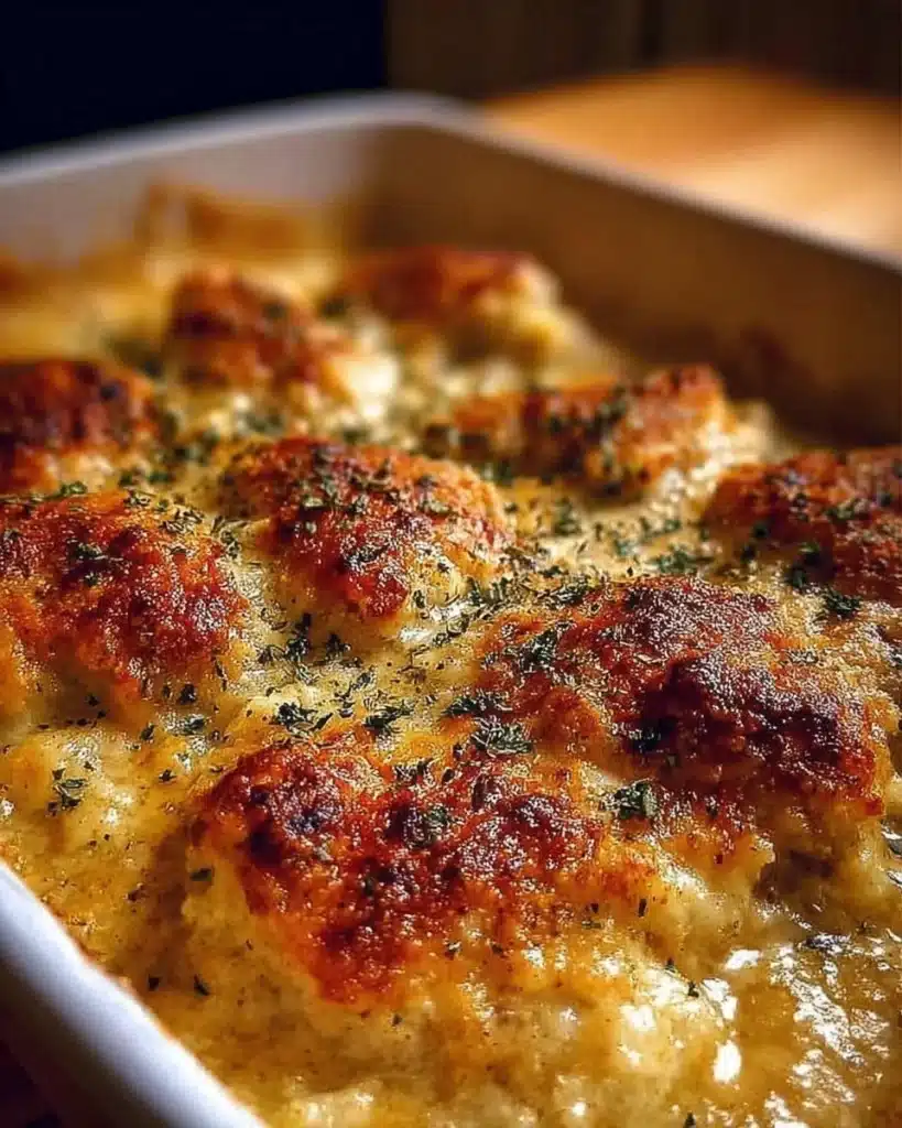 Baked Parmesan Chicken garnished with herbs and served hot on a plate.