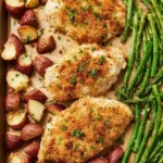 Parmesan Crusted Chicken on a sheet pan with vegetables