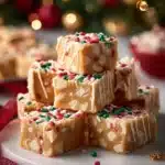 Delicious Peanut Butter Christmas Fudge served on a festive plate
