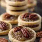 Pecan pie cookies with a golden brown crust and pecan topping on a plate