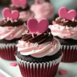 Delicious pink cupcake with frosting and sprinkles on a dessert plate