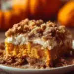 Delicious Pumpkin Dump Cake topped with whipped cream and spices