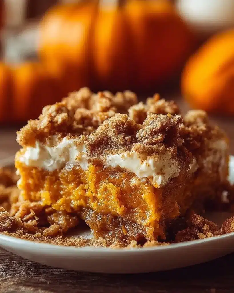 Delicious Pumpkin Dump Cake topped with whipped cream and spices