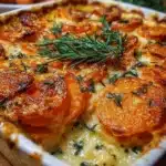 Delicious scalloped sweet potatoes with smoked gouda and rosemary in a baking dish
