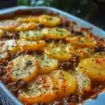Delicious simple hamburger potato casserole dish ready to serve.