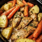 Slow Cooker Garlic Butter Chicken served with seasonal vegetables