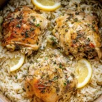 Slow Cooker Lemon Herb Chicken served with fluffy rice on a plate