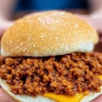 Slow cooker sloppy joes served on buns with toppings, ready to eat.