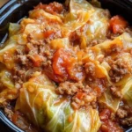 Bowl of slow cooker unstuffed cabbage rolls with fresh herbs and sour cream garnish