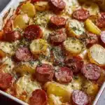 Delicious smoked sausage casserole bake topped with cheese and herbs.
