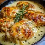 Smothered Cheesy Sour Cream Chicken topped with melted cheese and sour cream sauce.