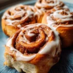 Delicious homemade sourdough cinnamon rolls with icing on a cooling rack