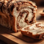 Freshly baked Sourdough Discard Cinnamon Bread on a wooden cutting board.