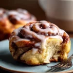 Freshly baked sourdough discard cinnamon rolls topped with frosting